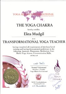 Ekta Mudgil Transformational Yoga Certificate